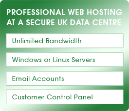Professional Web Hosting at a secure UK Data Centre - Unlimited bandwidth, WIndows or Linux Servers, Email Accounts, Customer Control Panel